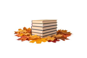 Stack of five hardcover books surrounded by scattered autumn maple leaves in orange, red, yellow tones, fall reading, isolated on a transparent background