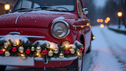 Festive vintage car with holiday garland and snowy evening setting for christmas celebration