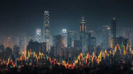 Obraz premium night cityscape with illuminated skyscrapers and financial stock market chart overlay showing global trade data and growth trends in economy. 78506166 1 70719746 1
