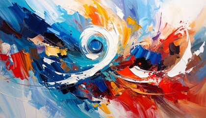 Abstract swirls of blue, white, and orange with energetic brushstrokes.