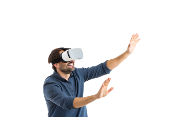 Man wearing VR headset experiencing virtual reality with arms raised in excitement and wonder, isolated on a transparent background