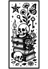 Black and white vector bookmark with skull, candles and roses on books, gothic dark romance style, laser engrave, for book lovers