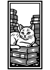 Black and white vector bookmark with proud cat sitting among books, perfect for engraving, prints, laser engrave, for book lovers