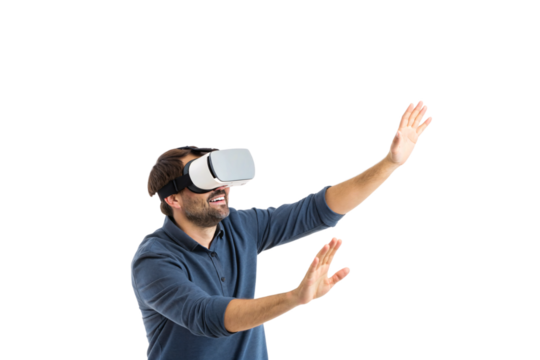 Man wearing VR headset experiencing virtual reality with arms raised in excitement and wonder, isolated on a transparent background