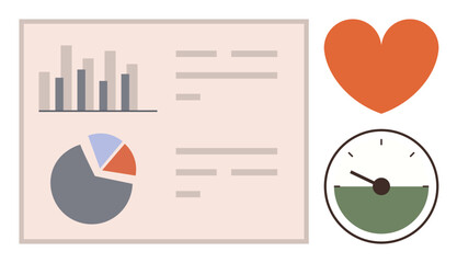 Bar graph, pie chart, and text on a dashboard alongside a heart and speedometer. Ideal for analytics, health, performance, metrics, productivity well-being goals. Minimal flat metaphor