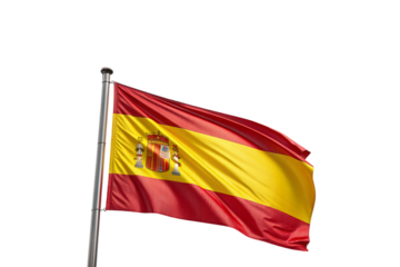 Spain's national flag on metallic flagpole waving in breeze against sky, isolated on a transparent background