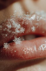 Fototapeta premium Human lips catching snowflakes at macro view