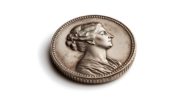 Silver coin featuring a profile of a woman, showcasing classic artistry and historical significance. A timeless collector's item with a textured edge.