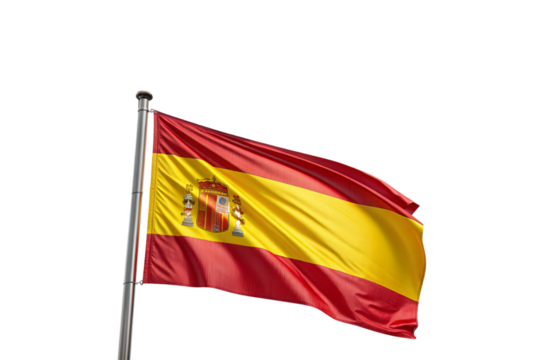 Spain's national flag on metallic flagpole waving in breeze against sky, isolated on a transparent background