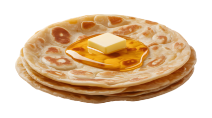 Stack of paratha flatbreads topped with butter and honey on transparent background