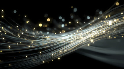 Abstract flowing light streaks with bokeh effect, evoking a sense of data and connection. The design showcases a dynamic interplay of illuminated particles