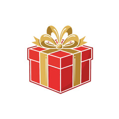 A red gift box with a golden bow on a white background.