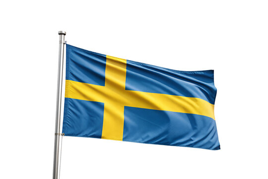 Swedish flag waving in wind with blue and yellow cross design on fabric, isolated on a transparent background - Powered by Adobe