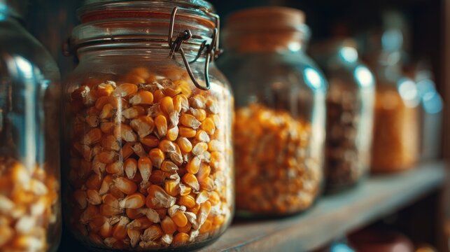 Glass jars filled with dried corn kernels