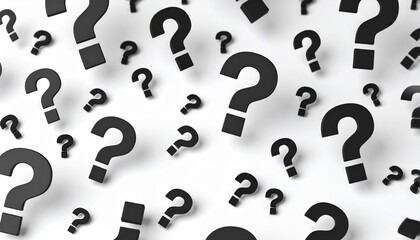 Scattered black question marks on white background.