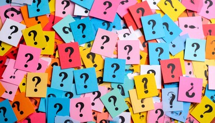 Colorful sticky notes with black question marks scattered randomly.