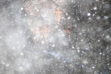 Church, cathedral and snowfall in Russia abstract white blurred background, Vologda Kremlin historical place