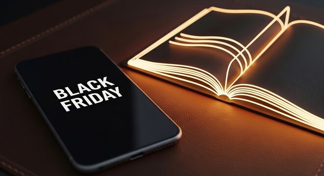 Black Friday promotion with smartphone and luminous book. Ideal for advertising, e-commerce, sale campaigns, book deals, technology product marketing, and seasonal discounts.