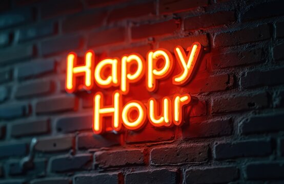 Red and yellow neon sign Happy Hour glows on brick wall background. Sign advertises drink specials at bar or restaurant for evening leisure.