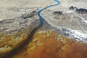 Aerial photography of a lake drought, climate change landscape, drying up reservoir, aerial view, environmental problem