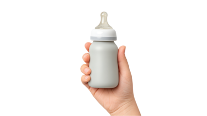 Baby Bottle: Hand Holding Clean Minimalist Baby Bottle on White