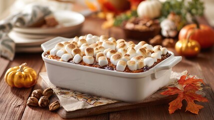 A close-up showcases a sweet potato casserole topped with toasted marshmallows, embodying comfort and festive flavors for a holiday gathering.