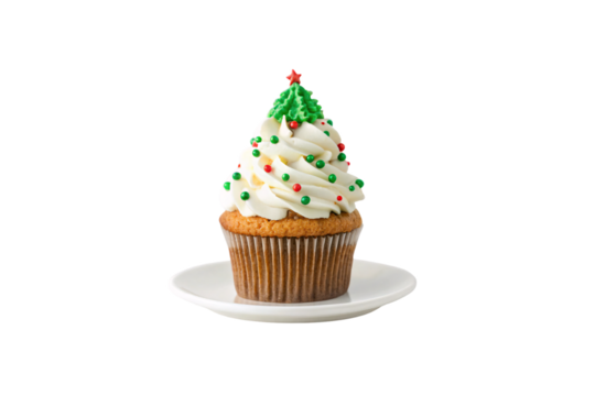 Christmas tree cupcake on white plate, white frosting, green tree topper, festive holiday dessert, isolated on a transparent background