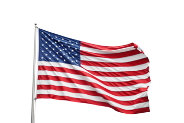 US flag flying, stars and stripes pattern, American banner in breeze, patriotic national symbol, isolated on a transparent background