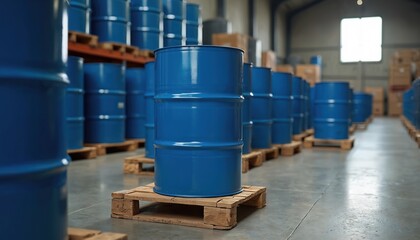 Many blue metal barrels stored in large modern industrial warehouse. Containers sit on wooden pallets ready for fast transport, global logistic. Facility holds various chemical oil products,