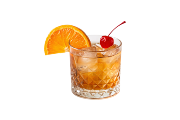 Cocktail in crystal glass, orange wheel garnish, cherry topper, amber colored drink with ice, isolated on a transparent background