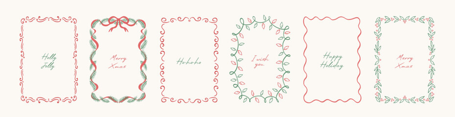 Set of vintage doodle hand drawn Xmas borders with branches Christmas tree, whimiscal lines, decorative patterns, mistletoe, lights garland. Trendy holiday frames for poster, card, invitation.