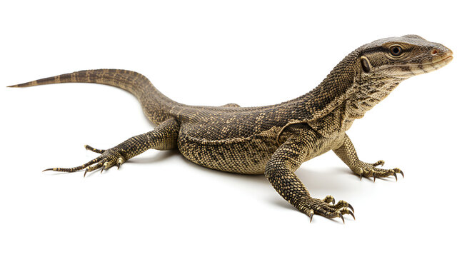 A large monitor lizard sticks out its tongue against a clean white background, showing detailed scales and a fierce expression.