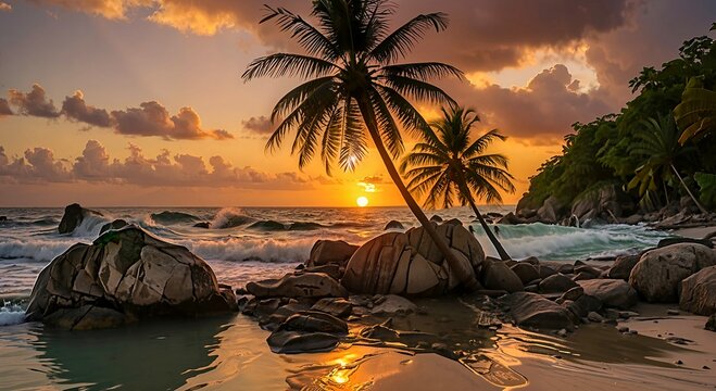  Ein Bild eines Sonnenuntergangs &uuml;ber einem Gew&auml;sser mit  Steinen und Palmen im Vordergrund &ndash; Generative KI. An image of a sunset over a body of water with rocks and palm trees in the foreground &ndash; Gen