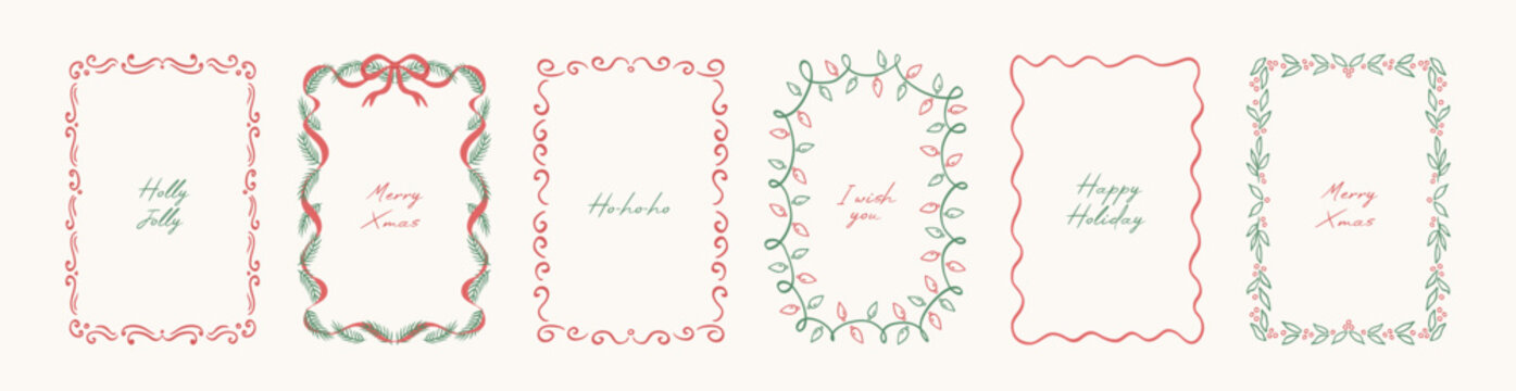 Set of vintage doodle hand drawn Xmas borders with branches Christmas tree, whimiscal lines, decorative patterns, mistletoe, lights garland. Trendy holiday frames for poster, card, invitation.