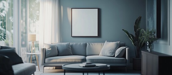 Fototapeta premium Elegant Living Room Interior with Blank Frame for Art Display Mockup