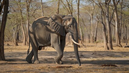Fototapeta premium Majestic African Elephant Walking Through Dry Savanna In Arid Environment