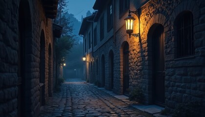 Fototapeta premium Dark, narrow cobblestone alley at night. Old stone buildings with archways line rustic street. Warm light from wall lanterns illuminates path, leading into misty, quiet distance. Historic European