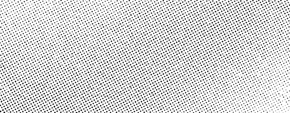 Distressed halftone dot pattern with irregular spacing and variation, isolated on a transparent background.