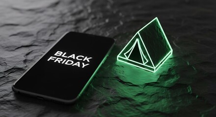 Black Friday digital concept. Phone display with text near glowing tent. Perfect for sales, camping deals, technology promotions, online shopping campaigns. Modern design.