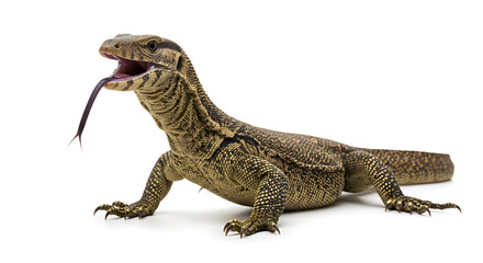 Fototapeta premium A large monitor lizard sticks out its tongue against a clean white background, showing detailed scales and a fierce expression.