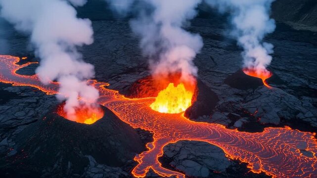 Aerial View of Volcanic Landscape with Multiple Bright Red Lava Flows and Smoking Craters, Black Rock Formations and Steam in Dramatic Geological Eruption Scene

