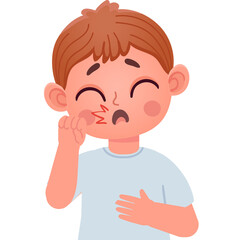 Sick Boy With Red Cheeks And Closed Eyes Touching His Face With Red Lines Indicating Pain And Discomfort Wearing A Light Blue T Shirt Isolated On Transparent Background
