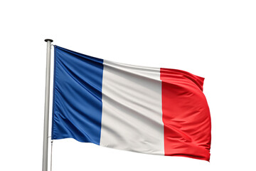 French tricolor flag flying on flagpole with fabric rippling in breeze showing national colors, isolated on a transparent background