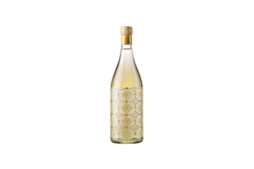 Decorative glass bottle with geometric pattern, elegant golden tequila container with ornate diamond design, isolated on a transparent background