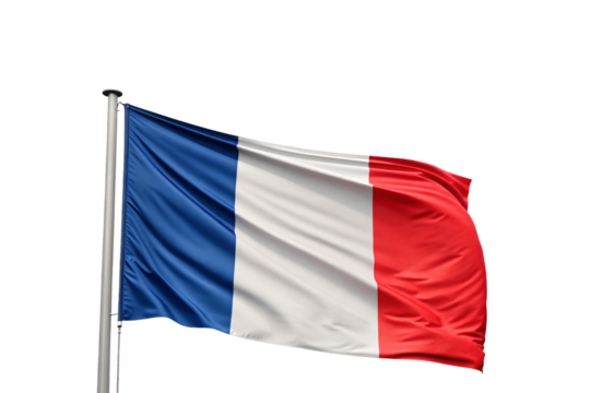 French tricolor flag flying on flagpole with fabric rippling in breeze showing national colors, isolated on a transparent background