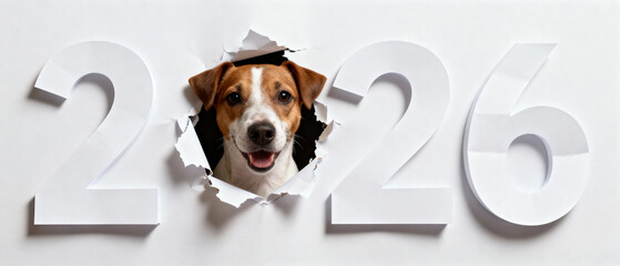 Happy dog peeking through torn paper with the year 2026 displayed, creating a playful and engaging atmosphere for New Year celebrations and pet-themed events