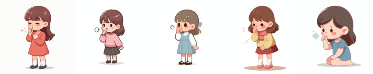 vector of a little girl coughing