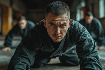 Generative AI image of focused person training for self defense courses through martial arts including boxing and karate