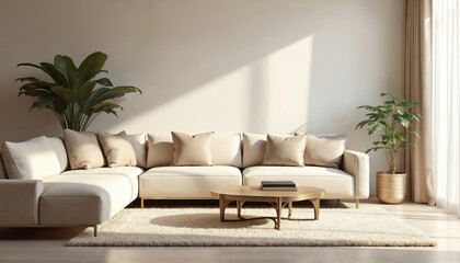 Neutral toned modern sectional sofa with plush rug and coffee table. Large potted plant adds natural element to bright minimalist living room interior design. Sunlight streams through sheer curtains.