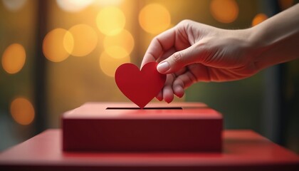 Female hand places red heart into donation box. Image represents core concepts of giving, love, charity, help, kindness, support for worthy cause. Generosity, hope shown with warm bokeh background.
